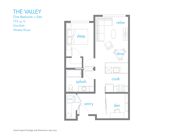 Floor plan for 1 bed, 1 bath, 725 sqft